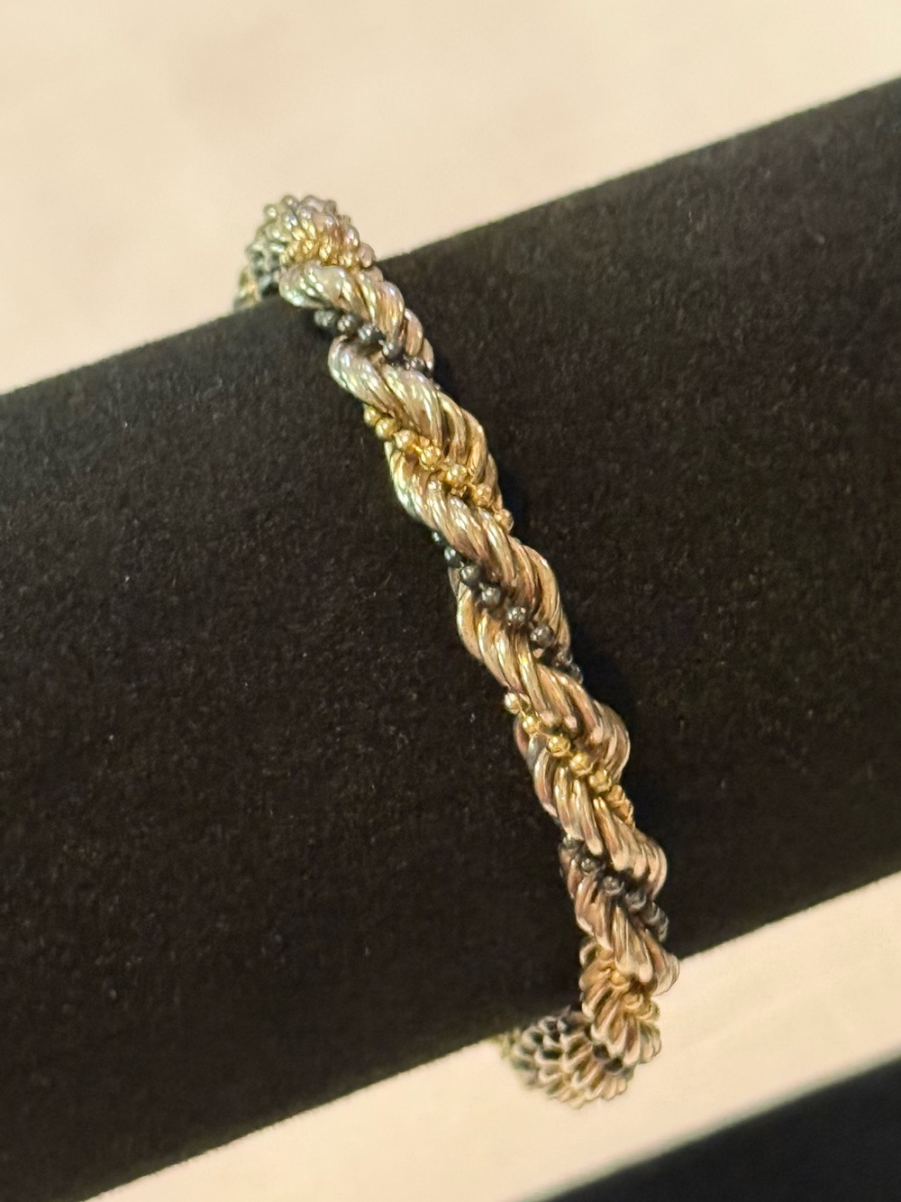 Tri-tone Beaded Braided Sterling Silver Twisted Rope Chain Bracelet Stamped 925